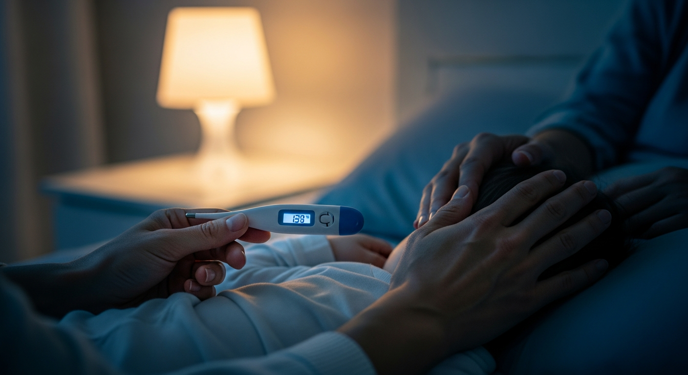 Kind met koorts en thermometer aan bedrand